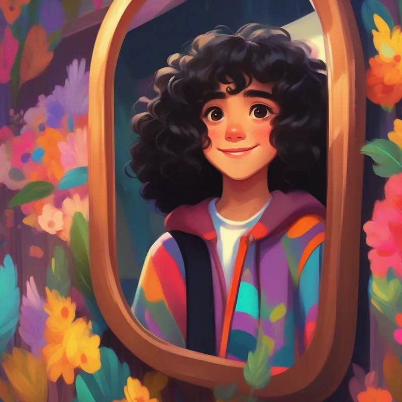 Curly black hair, big brown eyes, smile, colorful clothes looking into a mirror, sad expression, colorful surroundings