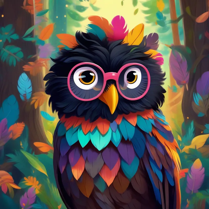 Curly black hair, big brown eyes, smile, colorful clothes and Wise owl with glasses, feathers of different colors talking in a colorful forest, wise owl