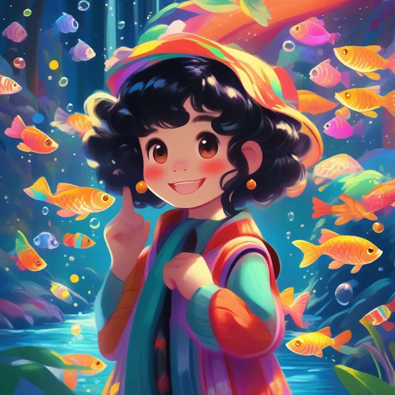 Curly black hair, big brown eyes, smile, colorful clothes talking to colorful fish in a sparkling river