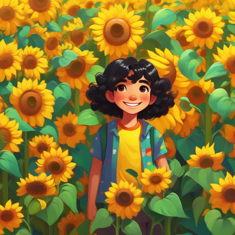 Curly black hair, big brown eyes, smile, colorful clothes surrounded by blooming sunflowers, bright and colorful