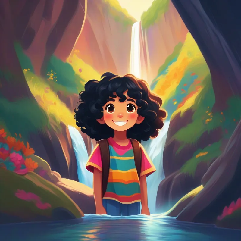 Curly black hair, big brown eyes, smile, colorful clothes looking into the waterfall, reflecting confidence and kindness