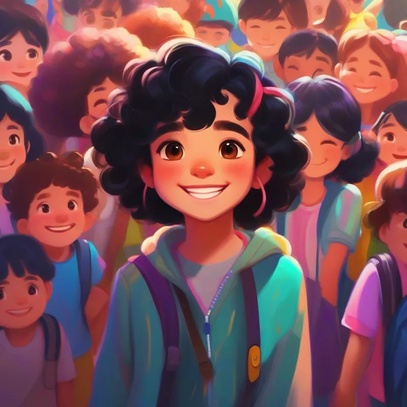 Curly black hair, big brown eyes, smile, colorful clothes surrounded by friends, embracing her uniqueness and kindness