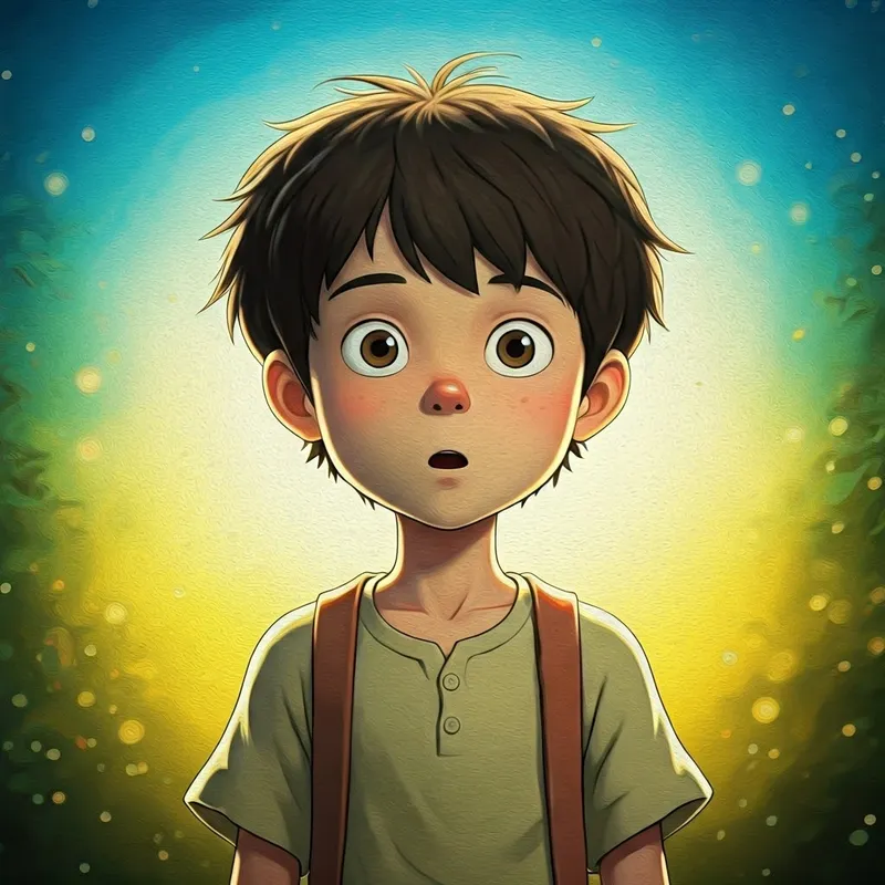 a cartoon boy with wide, excited eyes on a bright whimsical background