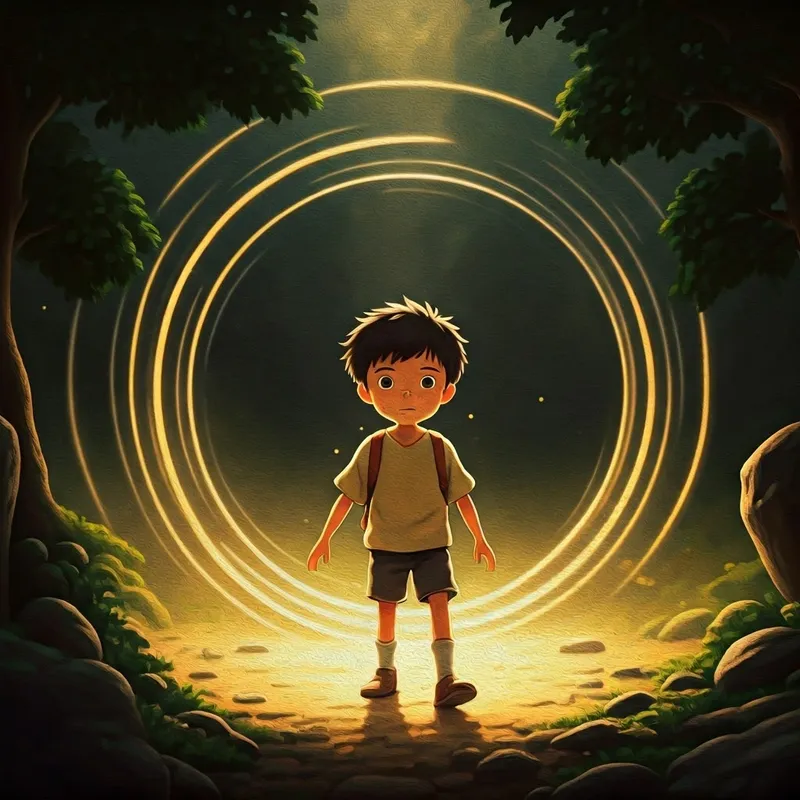 the same cartoon boy with motion lines around him to depict energy