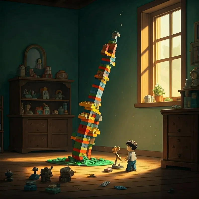 the lego tower wobbling precariously, about to fall over