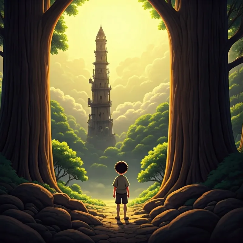 the boy with a sad expression, looking at the unstable tower