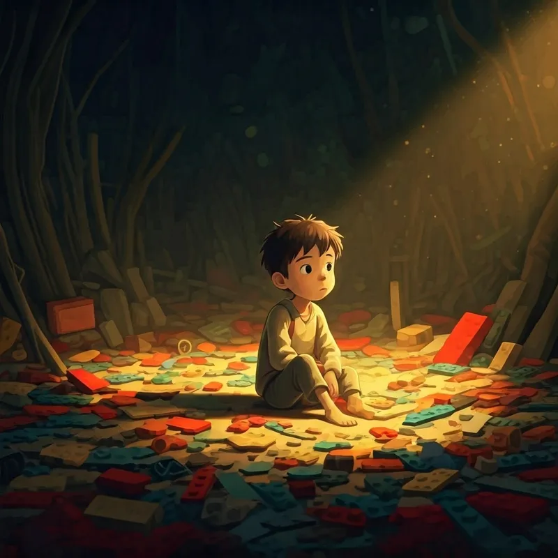 the boy sitting amidst scattered lego pieces, looking thoughtful