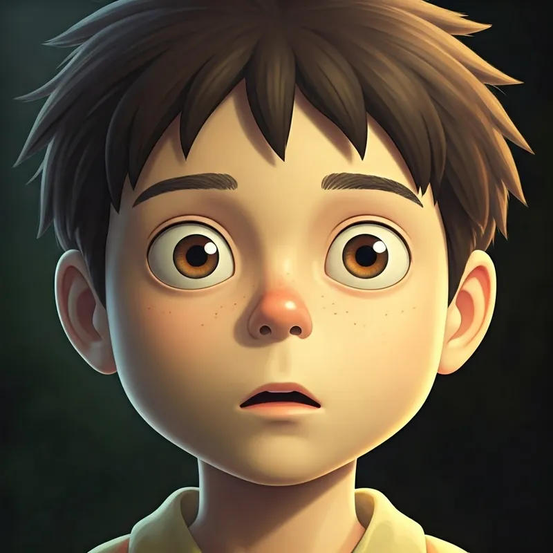 close up on the boy's face, eyes wide with a sudden realization