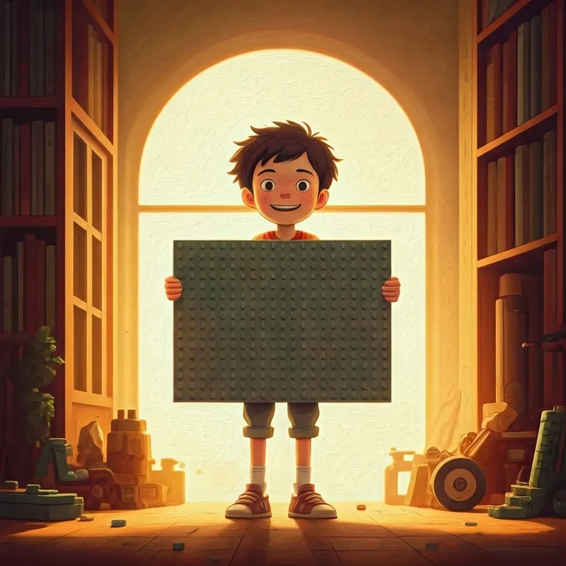 the boy holding a large lego baseplate, looking triumphant