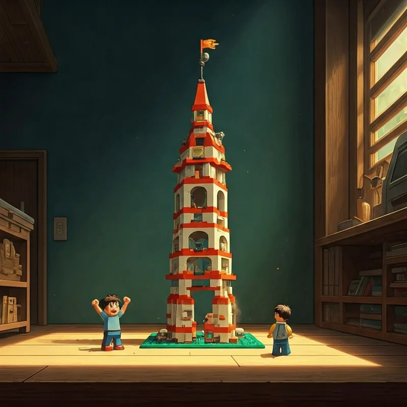 the lego tower standing tall and proud on the baseplate, with the boy cheering beside it