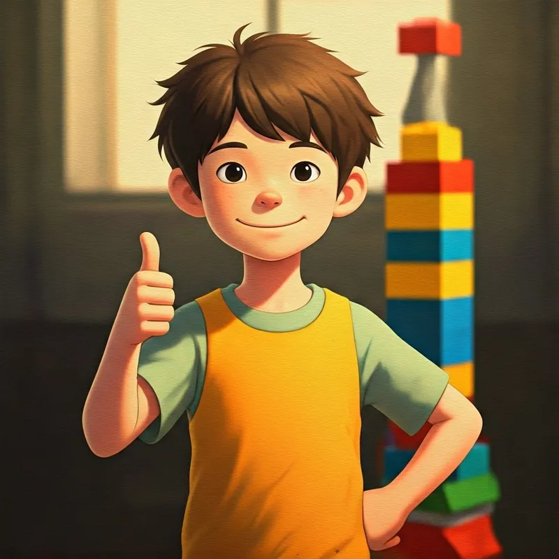 the boy giving a thumbs up, with a confident smile and the lego tower in the background