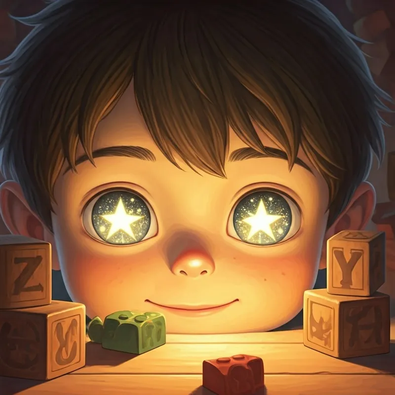 close up on the boy's eyes, sparkling like stars, with building blocks around them