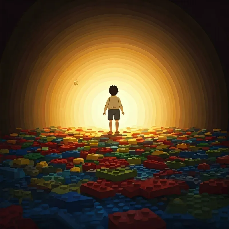 a colorful pile of lego blocks, shining with an inner light