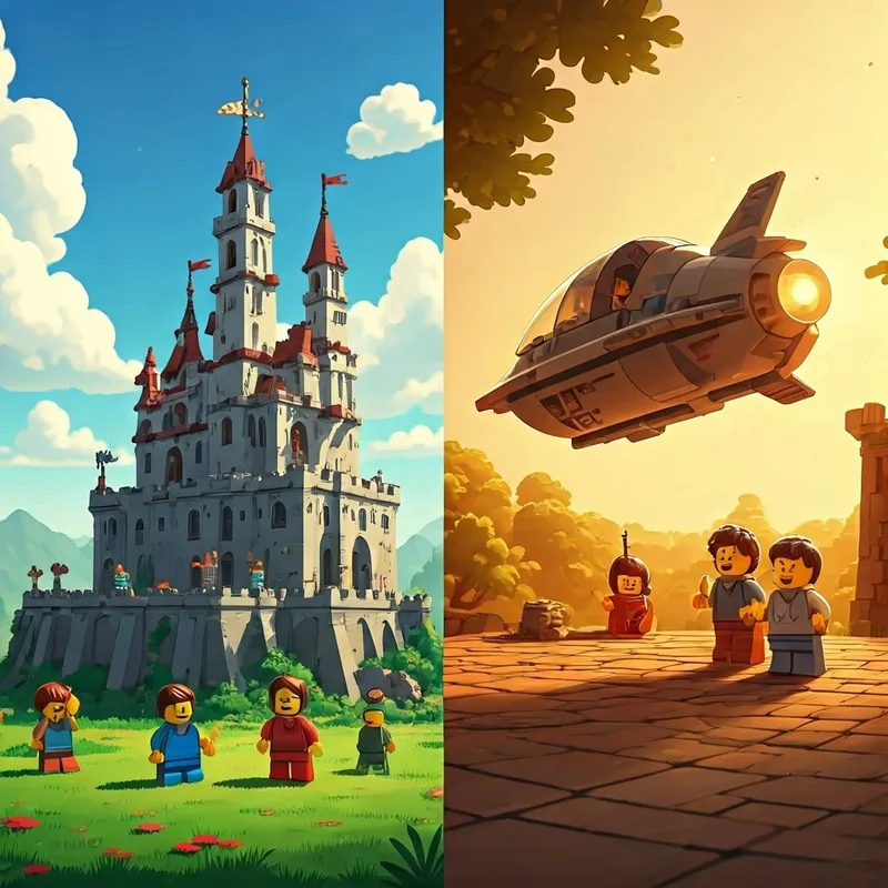 a split image: a lego castle, a lego spaceship, and lego men laughing
