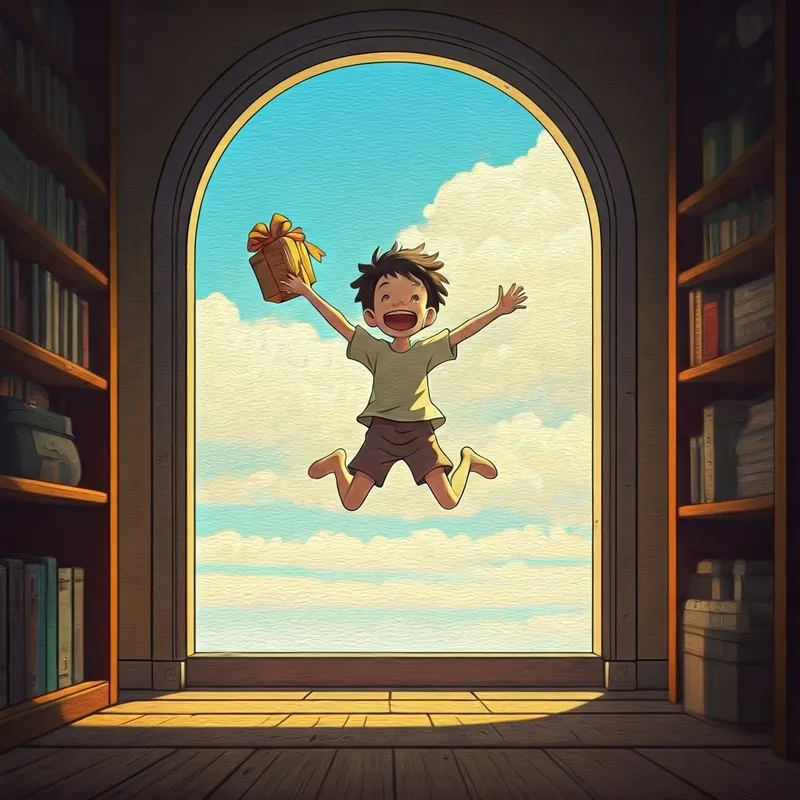 the cartoon boy jumping with joy, holding the gift box