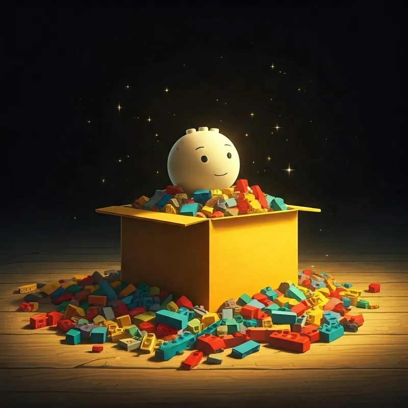 an open lego box overflowing with colorful bricks, sparkling and shimmering