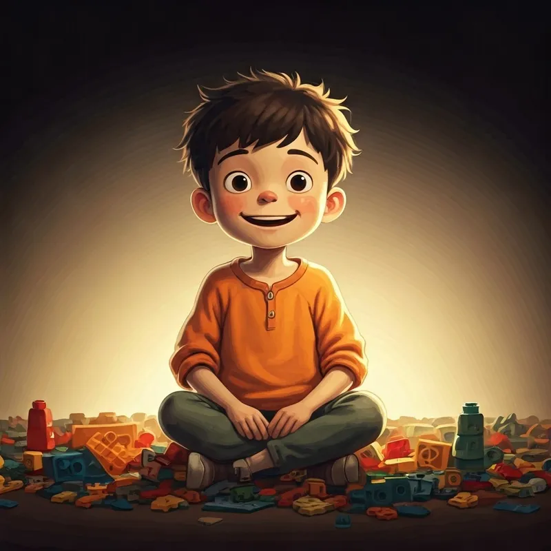 the boy surrounded by lego pieces, with a look of pure joy and excitement