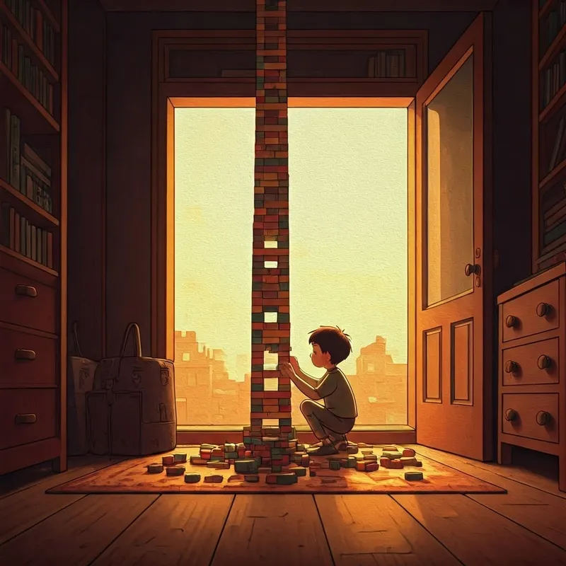 the boy focused on building a tall tower out of lego bricks