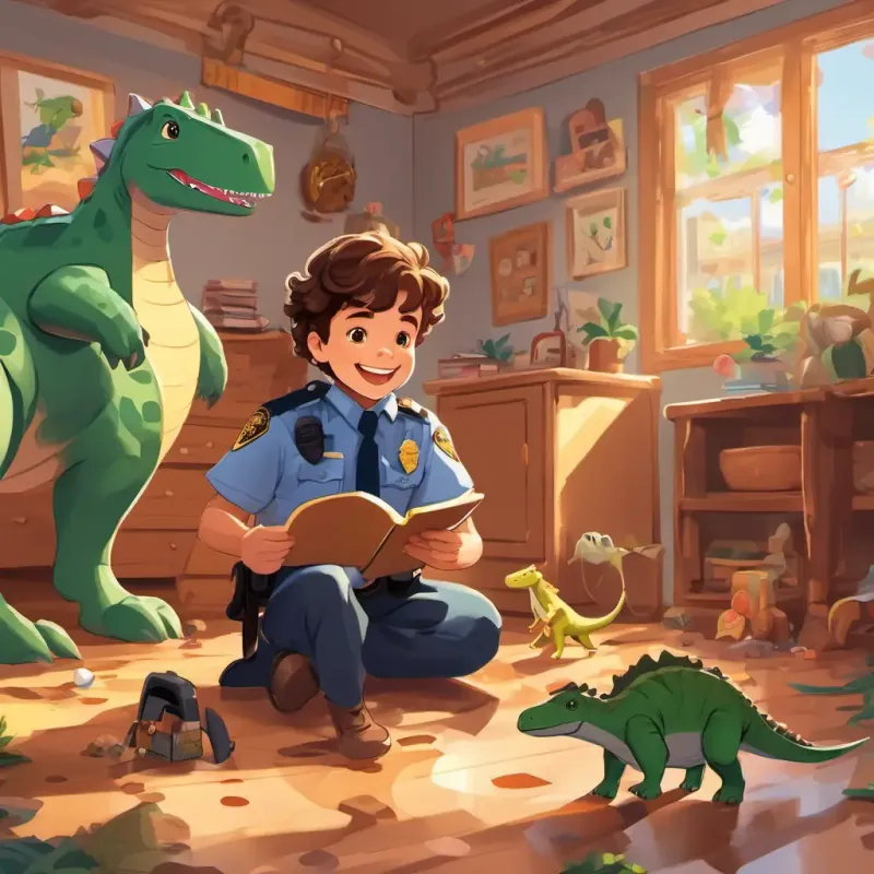 Curly brown hair, bright brown eyes, big happy smile's room, with toy dinosaurs scattered across the floor, his mommy in a police officer uniform smiling at him.