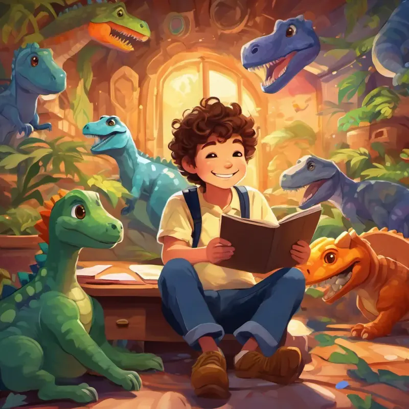 Curly brown hair, bright brown eyes, big happy smile sitting in his room, eyes closed, surrounded by swirling colors as he imagines dinosaurs around him.