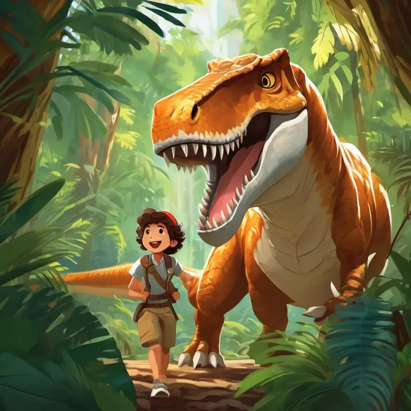 Curly brown hair, bright brown eyes, big happy smile in a jungle surrounded by trees, looking up at a roaring T-Rex with big, sharp teeth.