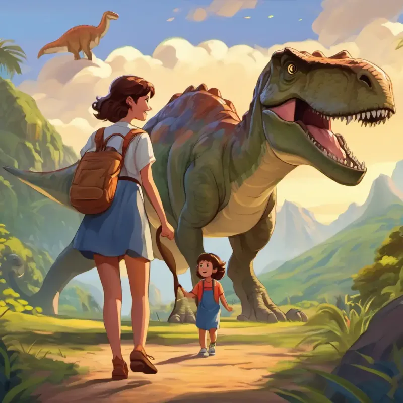 Curly brown hair, bright brown eyes, big happy smile and mommy holding hands, walking through a prehistoric landscape with various dinosaurs.