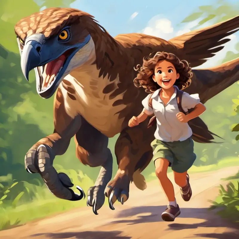 Curly brown hair, bright brown eyes, big happy smile and mommy running alongside a raptor, with the raptor playfully showing off its speed.