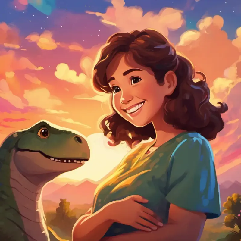 Curly brown hair, bright brown eyes, big happy smile and mommy hugging, with a colorful sky and dinosaur silhouettes in the background.