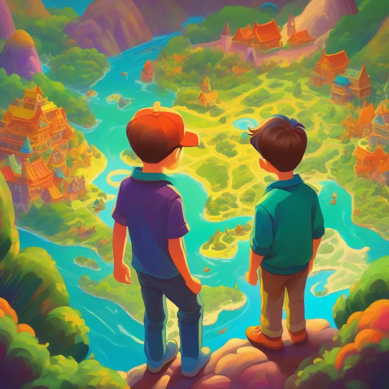 Two brothers looking at a map, vibrant colors