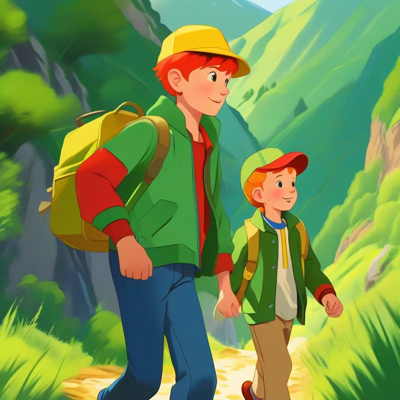 Dean - young boy wearing a blue hat and green shirt and Jensen - young boy with red hair and a yellow jacket walking, green mountains, sunny weather
