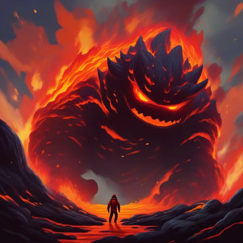 Giant lava monster stomping, fiery colors