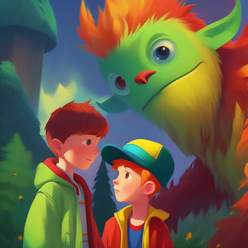 Dean - young boy wearing a blue hat and green shirt, Jensen - young boy with red hair and a yellow jacket, and the monster talking, peaceful colors