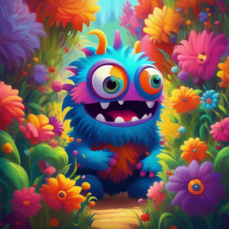 Monster looking curious, flowers and laughter, colorful