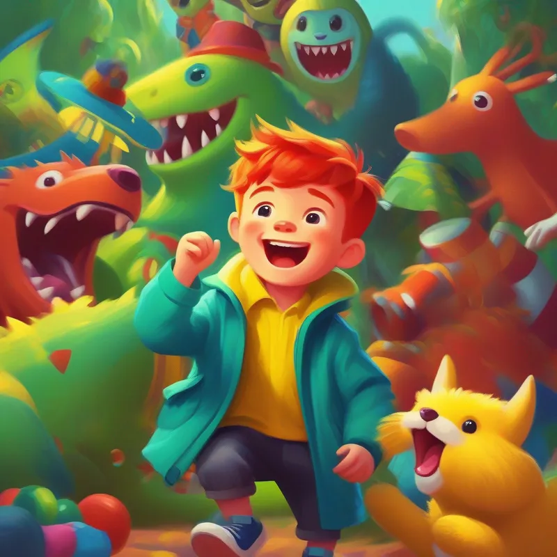 Monster playing with Dean - young boy wearing a blue hat and green shirt, Jensen - young boy with red hair and a yellow jacket, and toys, joyful colors