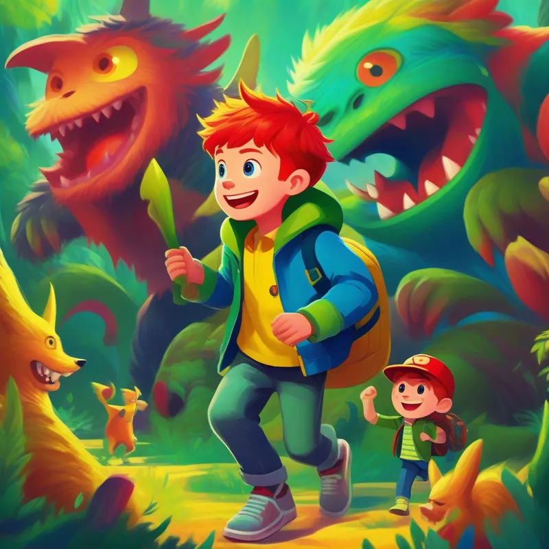 Dean - young boy wearing a blue hat and green shirt, Jensen - young boy with red hair and a yellow jacket, and the monster having fun, friendship, adventurous colors