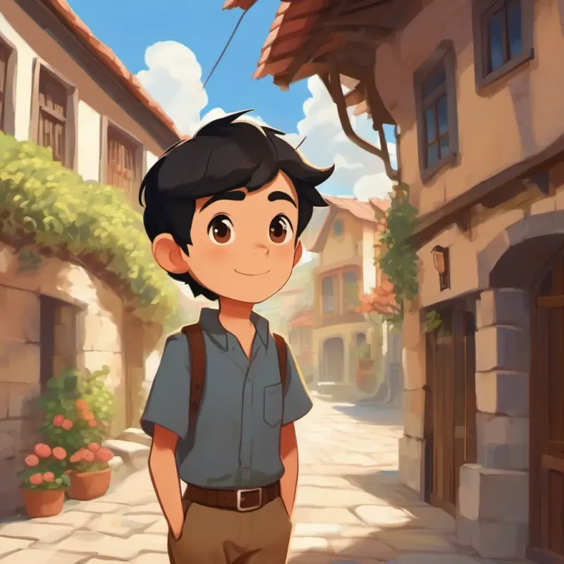 An introduction, with Brave boy, short black hair, brown eyes, wearing a simple shirt's home in a town.