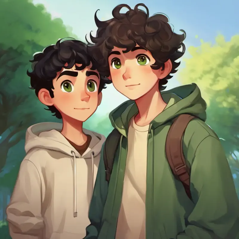 Brave boy, short black hair, brown eyes, wearing a simple shirt's friendship with Mischevious boy, curly hair, green eyes, always in a hoodie, showing their closeness.