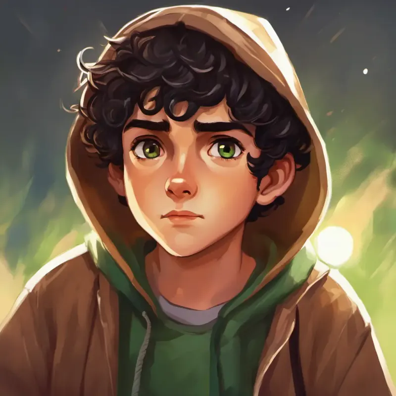 Mischevious boy, curly hair, green eyes, always in a hoodie giving Brave boy, short black hair, brown eyes, wearing a simple shirt a letter, entrusting him with a task.