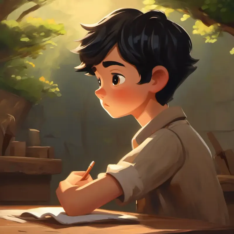Brave boy, short black hair, brown eyes, wearing a simple shirt contemplating the surprise in the letter.