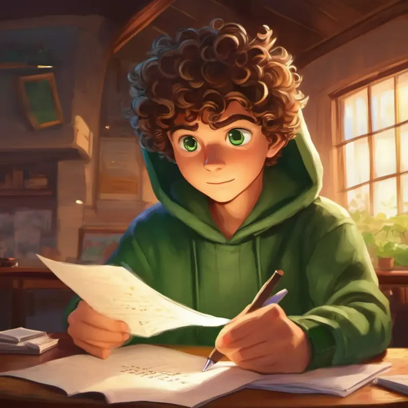 Mischevious boy, curly hair, green eyes, always in a hoodie opening the letter, revealing a note inside.