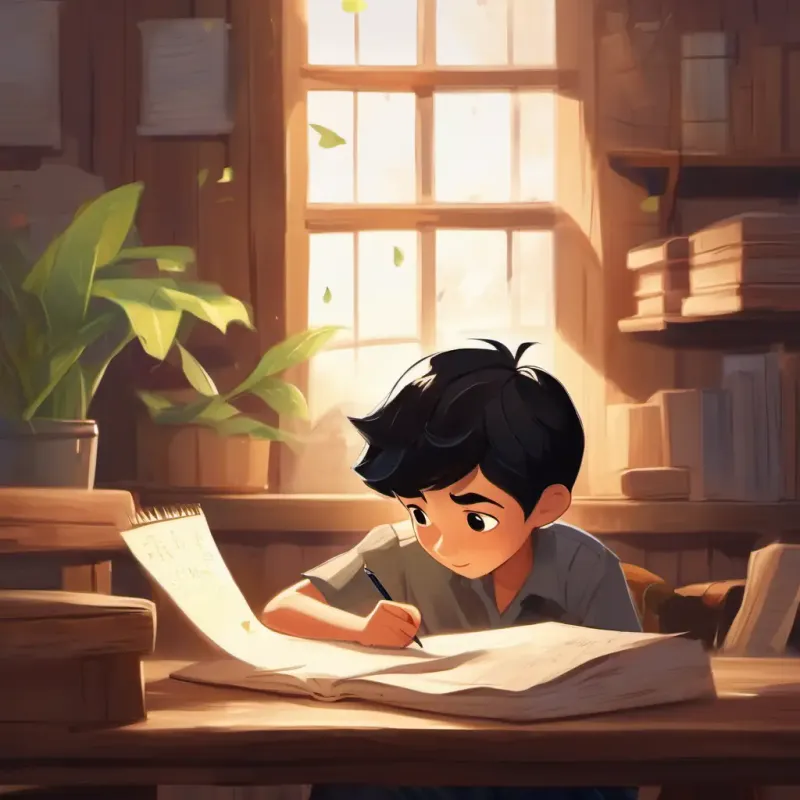 Brave boy, short black hair, brown eyes, wearing a simple shirt finding an unexpected message in the note.