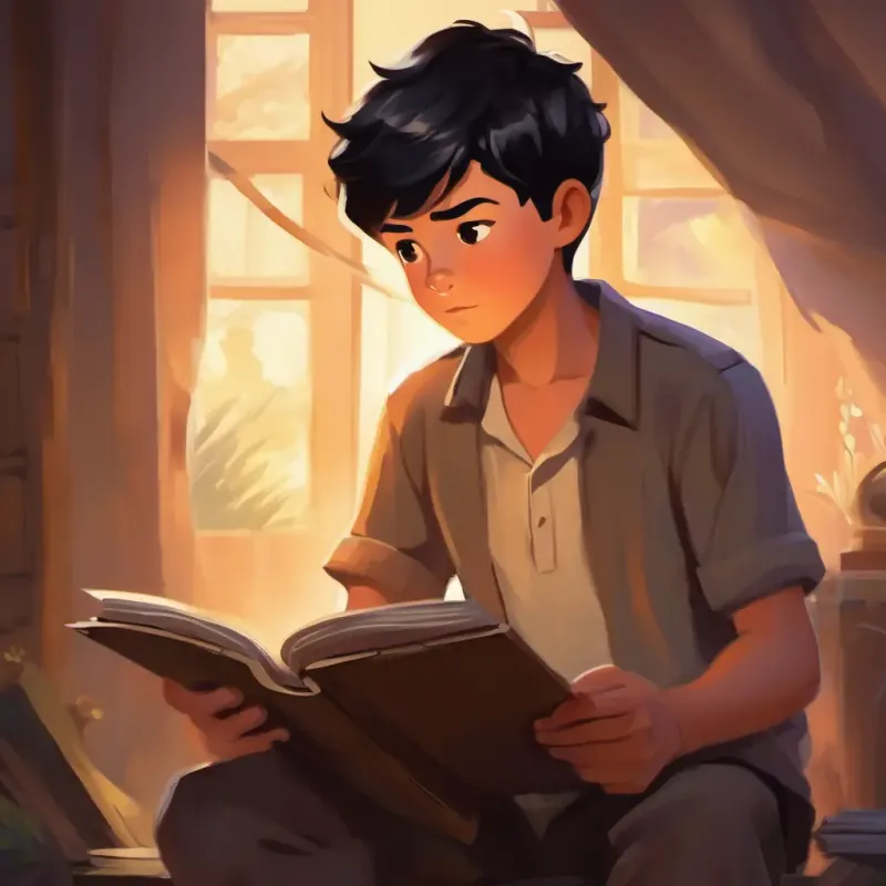 Brave boy, short black hair, brown eyes, wearing a simple shirt reading a message about betrayal and friendship.