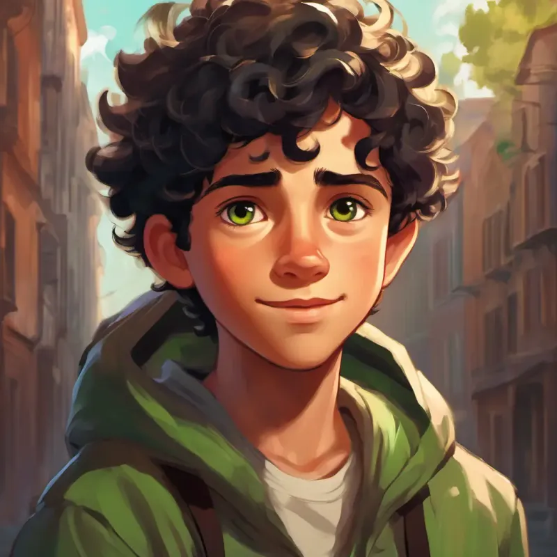 Brave boy, short black hair, brown eyes, wearing a simple shirt questioning Mischevious boy, curly hair, green eyes, always in a hoodie, who responds with a mysterious smile.