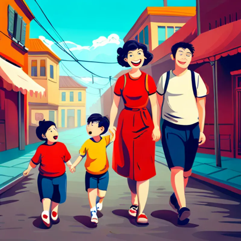 Cheerful family wearing bright clothes, diverse and happy in a colorful town