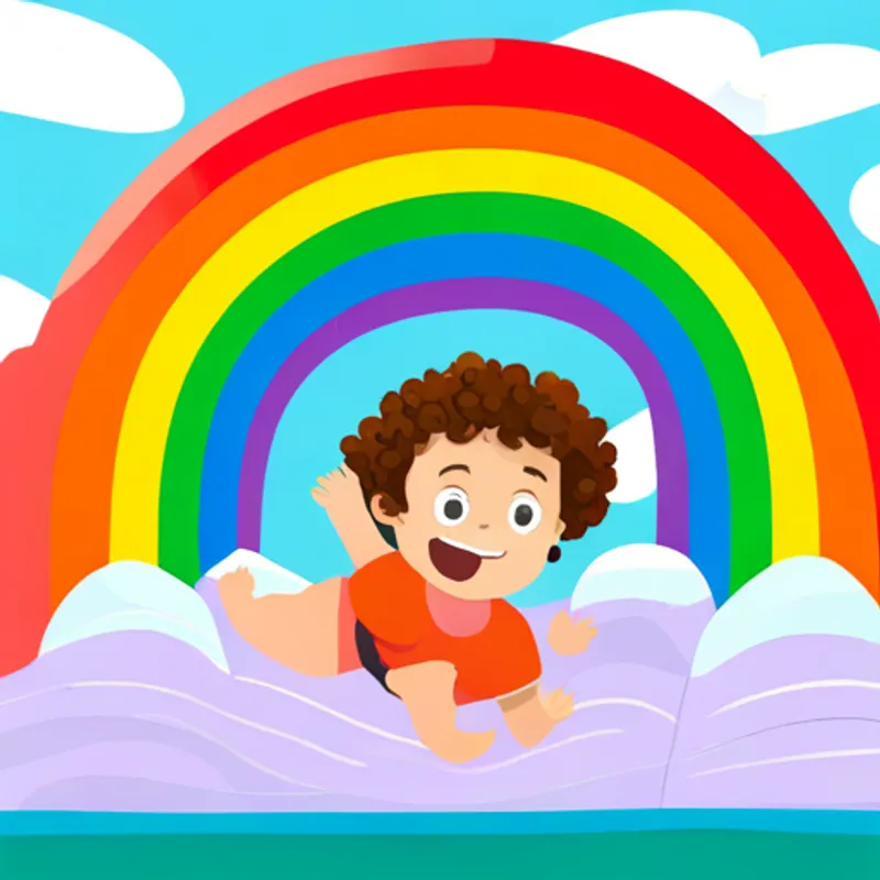 Adorable baby with curly hair and a big smile finding a magical rainbow slide