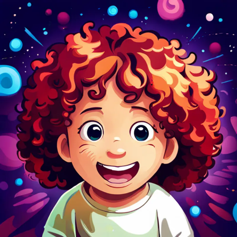 Adorable baby with curly hair and a big smile surrounded by vibrant colors