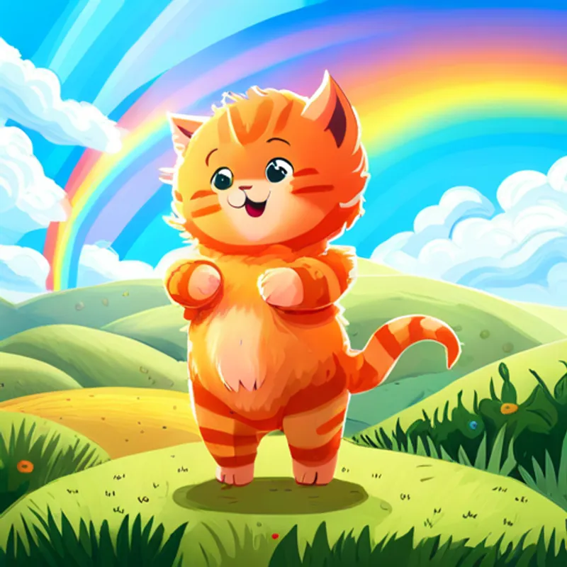 Adorable baby with curly hair and a big smile and Playful orange kitten with a mischievous expression dancing under a rainbow