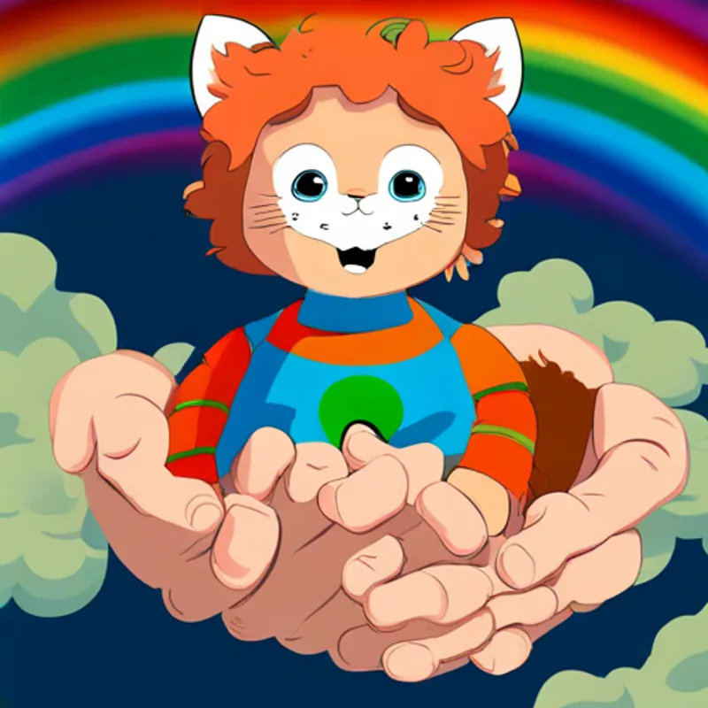 Adorable baby with curly hair and a big smile and Playful orange kitten with a mischievous expression finding the Grey cloud with a sly smile and rainbow-colored hands