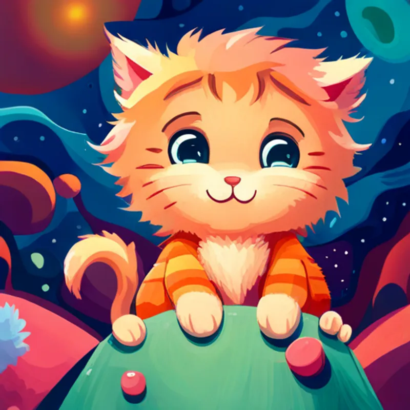 Adorable baby with curly hair and a big smile, Playful orange kitten with a mischievous expression, and friends bringing colors and joy