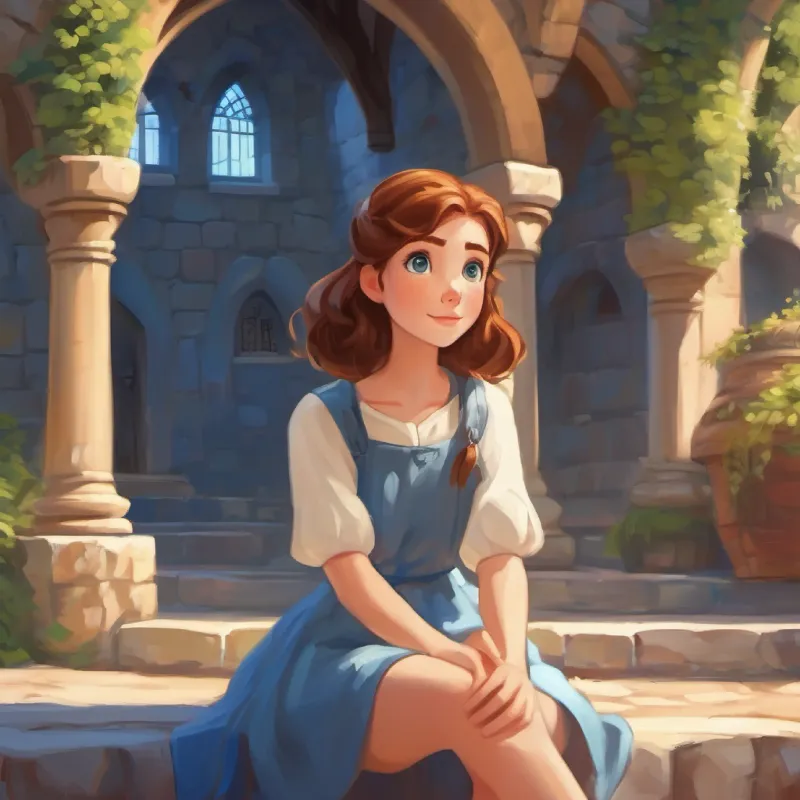 Introduction of Bright blue eyes, thoughtful freckles, inside the castle courtyard